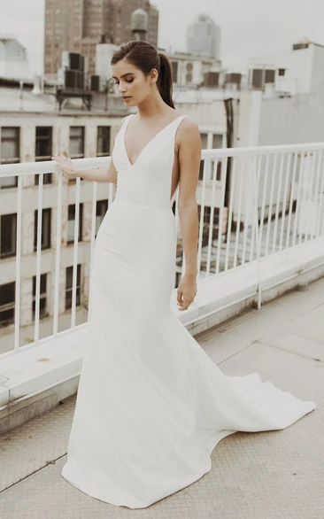 Deep V-back Mermaid Satin Wedding Gown with Train and V-neck