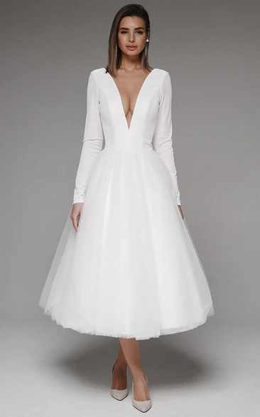Plunging Neckline Satin Tea-length Wedding Dress Beautiful & Chic