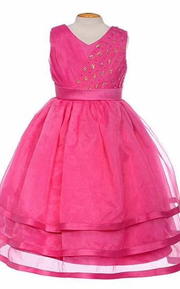 Organza Satin Flower Girl Dress V-Neck Pleated Tea-Length