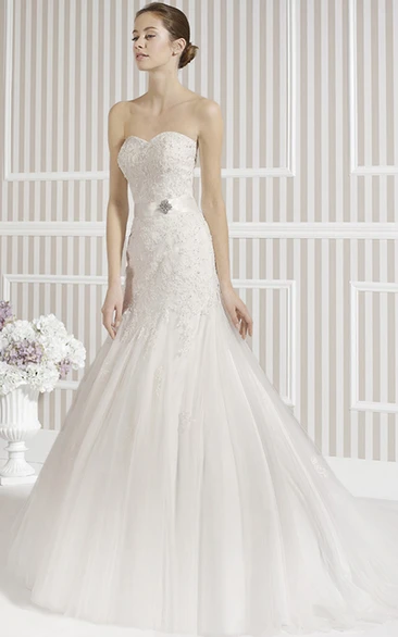 Beaded Sweetheart Mermaid Wedding Dress with Tulle and Flowers