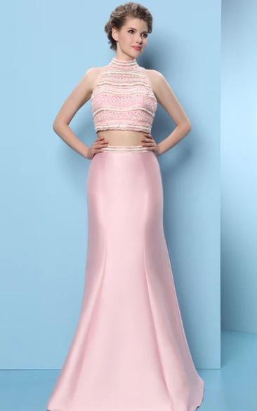 Sleeveless Trumpet Prom Dress with High-Neck and Beaded Satin