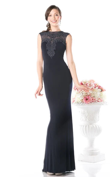 Jewel-Neck Cap-Sleeve Beaded Sheath Prom Dress