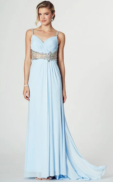 Sleeveless Ruched Chiffon Prom Dress with Spaghetti Straps