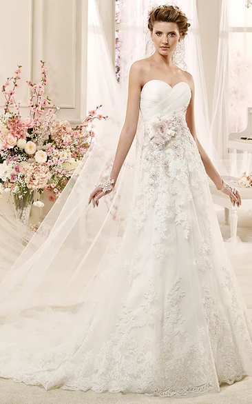 Sweetheart A-line Wedding Dress with Beaded Appliques & Pleated Bodice Unique Beaded A-line Wedding Dress