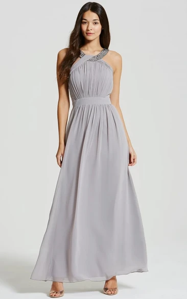 Sleeveless Chiffon Bridesmaid Dress with Straps Ruched Scoop Neck Ankle-Length