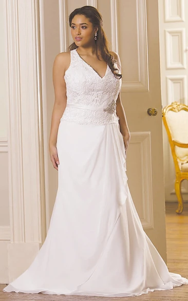 Plus Size Chiffon Sheath Wedding Dress with Draping Jeweled V-Neck