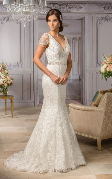 Mermaid Gown with Short Sleeves V-Neck and Appliques