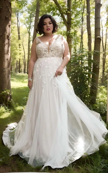 Plus Size A-Line Lace Tulle Wedding Dress Bohemian Country Garden Sweep Train 2024 Floor-length