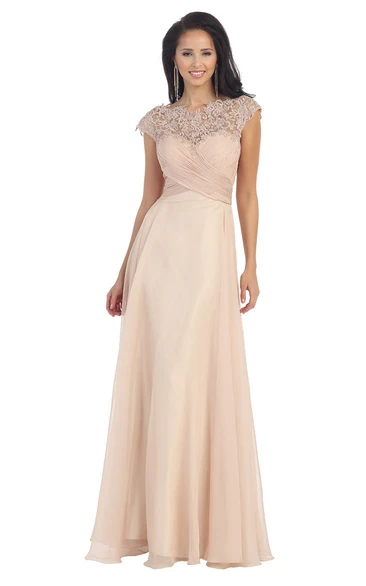 A-Line Chiffon Illusion Dress with Criss Cross and Embroidery Unique Bridesmaid Dress Women