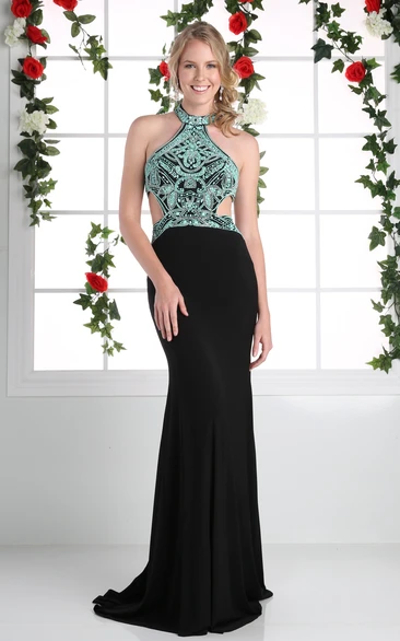 Sleeveless Sheath Jersey Formal Dress with High Neck and Beading