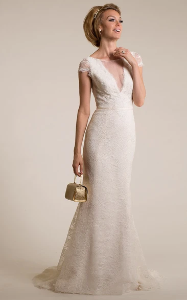 Cap-Sleeve Lace Wedding Dress with Illusion Classy Sheath Bridal Gown