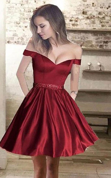 Off-the-shoulder Satin A-line Homecoming Dress with Beading Pockets and Ruching
