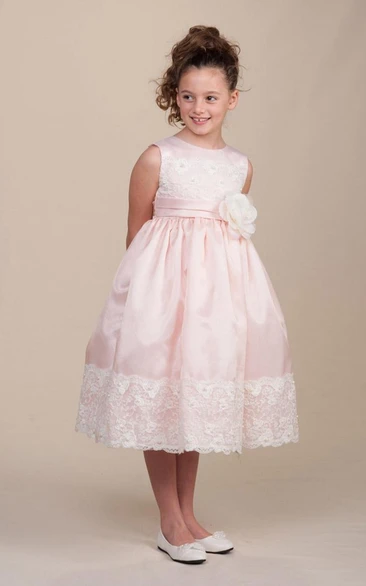 Floral Lace&Satin Tea-Length Flower Girl Dress with Pleated Skirt and Sash