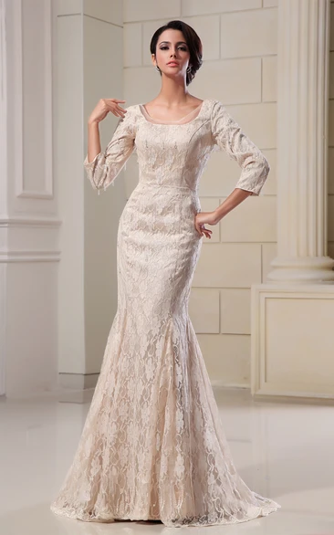 Lace Mermaid Evening Dress Square-Neck 3/4 Sleeves Gorgeous Women