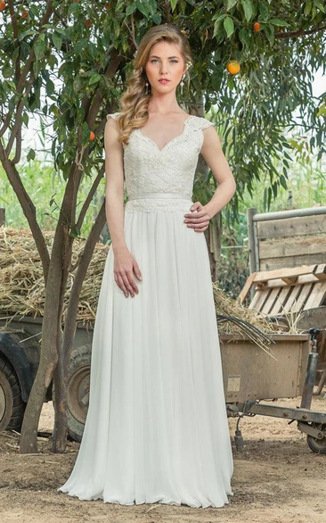 Lace Chiffon Wedding Dress with Low-V Back Plunged Cap-Sleeve Pleated Unique