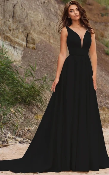 Gothic Black A-Line V-Neck Long Wedding Dress Simple Casual Flowy Satin Evening Gown with Train