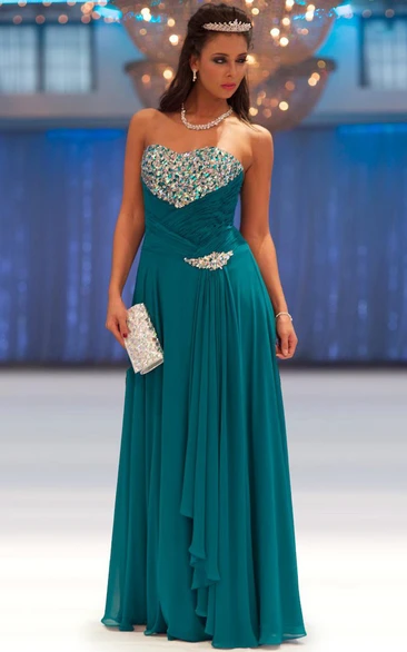 Sheath Beaded Chiffon Prom Dress With Pleats Floor-Length Sweetheart Sleeveless