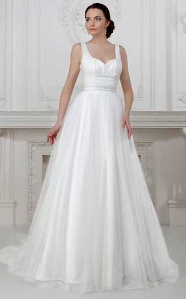 Floor-Length A-Line Tulle&Satin Wedding Dress with Beading Simple and Classy Bridal Gown