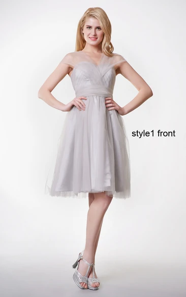 Short Sleeve Tulle Dress with Ruched Belt Pleated A-line