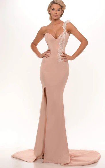 One-Shoulder Appliqued Jersey Prom Dress with Split Front Sleeveless Floor-Length Sheath