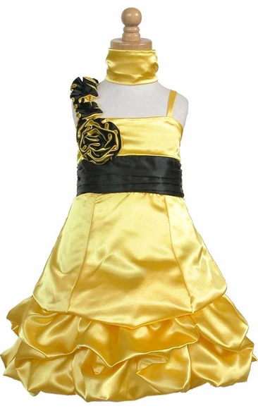 Knee-Length Satin Ruched Flower Girl Dress with Cape and Floral Sash