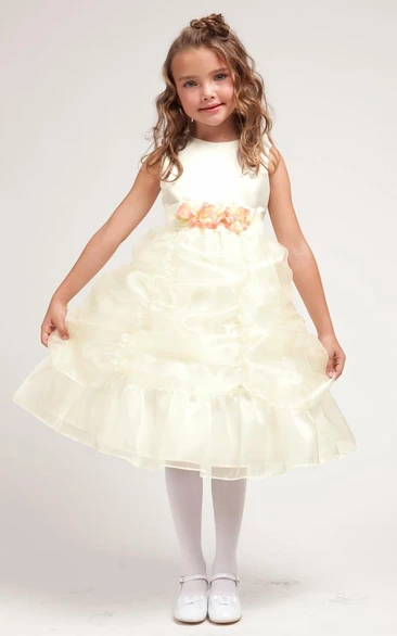 Ruched Organza and Satin Tea-Length Flower Girl Dress with Floral Print and Sash