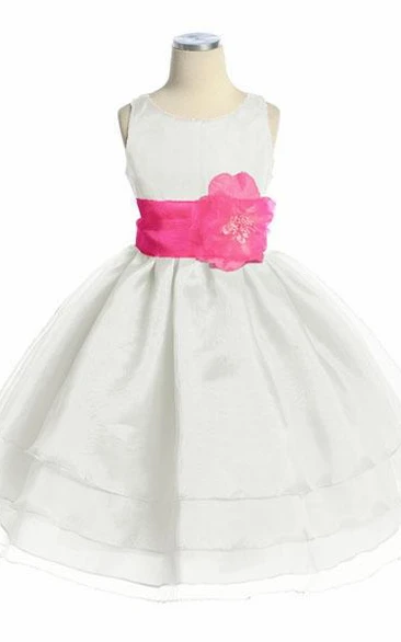 Tea-Length Organza Flower Girl Dress with Tiered Skirt