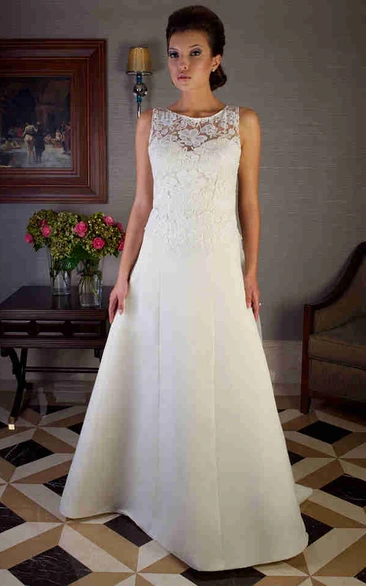 Satin A-Line Wedding Dress with Scoop-Neck and Appliques Sleeveless and Modern