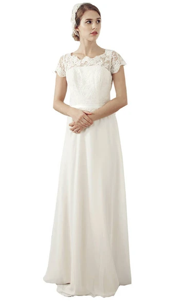 Scoop-Neck Lace and Illusion Sheath Wedding Dress with Cap-Sleeves