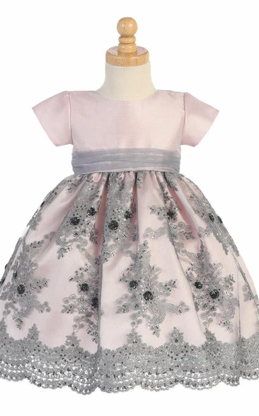 Embroidered Sequin Tulle Floral Dress with Sash Tea-Length Flower Girl Dress