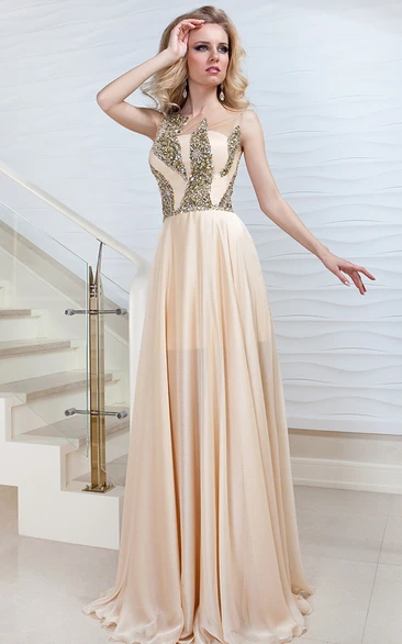 Beaded Satin Sleeveless Sheath Prom Dress with Scoop Neckline and Floor-Length