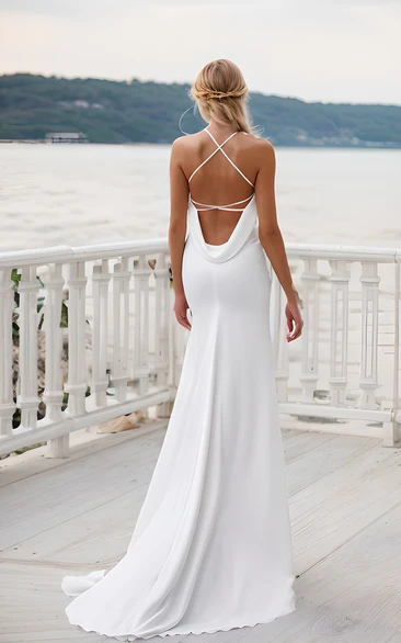 Sheath Halter Neck Solid Sexy Simple Floor-length Wedding Dress Beach Sleeveless Open Cross Straps Cowl Back Bridal Gown with Sweep Train