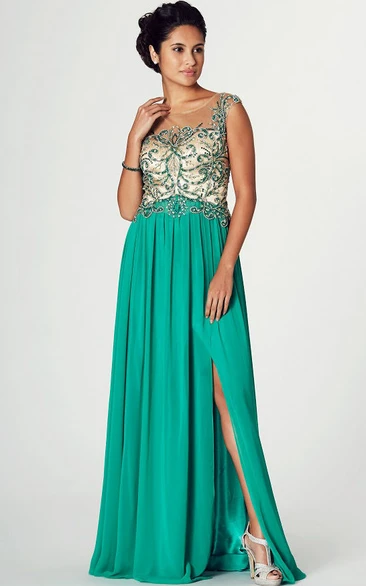 Split Front Cap-Sleeve Beaded Scoop-Neck A-Line Prom Dress Classy Evening Dress