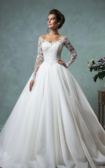 Empire Ball Gown Lace Dress with Long Sleeves and Court Train