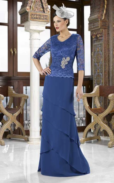 Lace V-Neck Chiffon Mother Of The Bride Dress With Tiers Half Sleeve Floor-Length Elegant