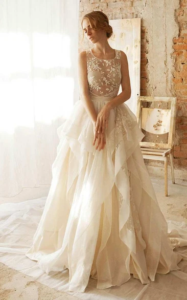 Organza Taffeta Floral Lace Embroidered Wedding Dress Classy Floor-Length Bridal Gown