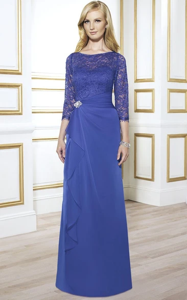 Lace Bateau Neck Chiffon Formal Dress with Broach and Draping for Mother of the Bride