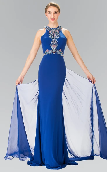 Beaded Jersey Sheath Formal Dress with Jewel Neckline and Watteau Train