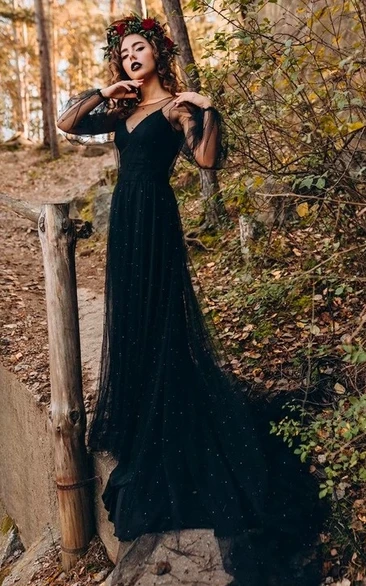 Spaghetti A-line Satin Unique Black V-neck Wedding Dress with Mesh Sequin Illusion Long Sleeve