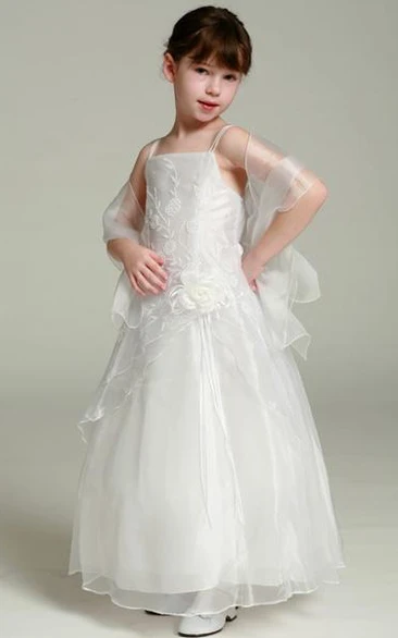 Ankle-Length Organza Flower Girl Dress Spaghetti Straps Floral Cape