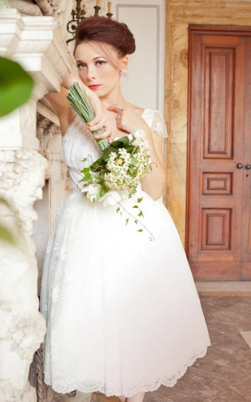 Knee-Length Lace Wedding Dress with Cap Sleeves and Jewel Empire Waist