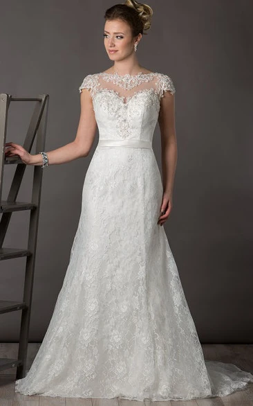 Bateau Lace Wedding Dress with Cap Sleeves Satin Sash and Keyhole Back