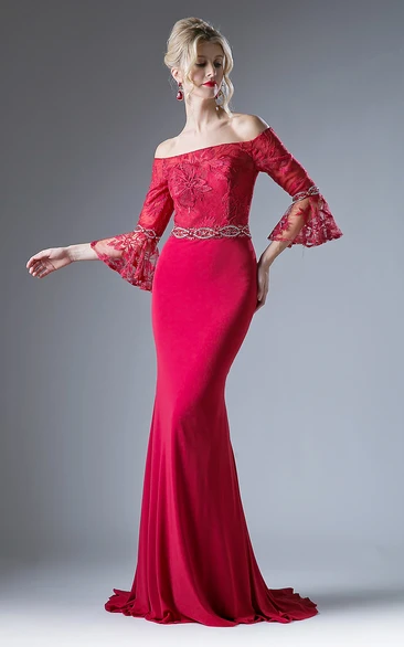 Off-The-Shoulder Puff-Sleeve Jersey Formal Dress with Beading and Appliques