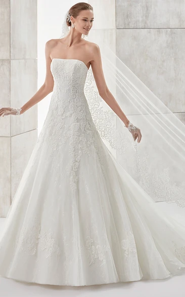 Applique A-line Wedding Dress with Brush Train Simple & Elegant