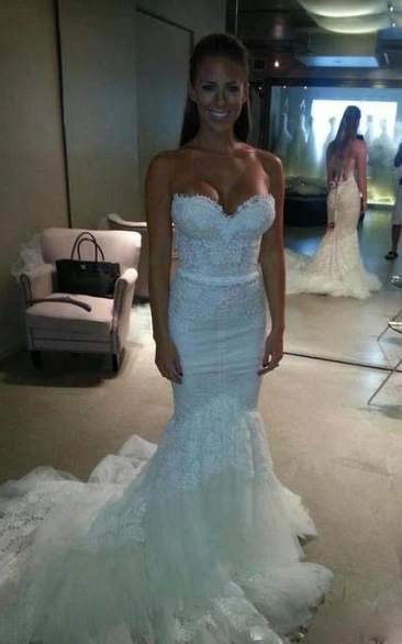 Lace Tulle Sweetheart Mermaid Trumpet Wedding Dress with Backless Zipper