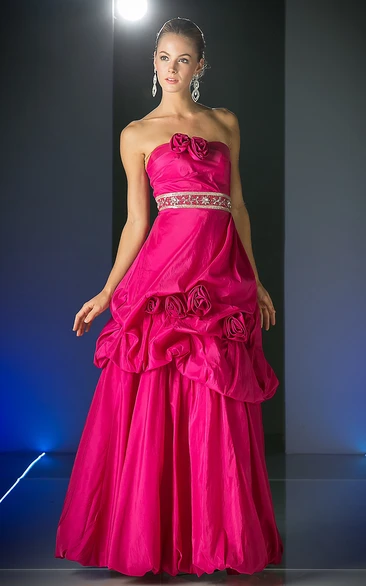 Taffeta Strapless A-Line Formal Dress with Pick Up and Flower