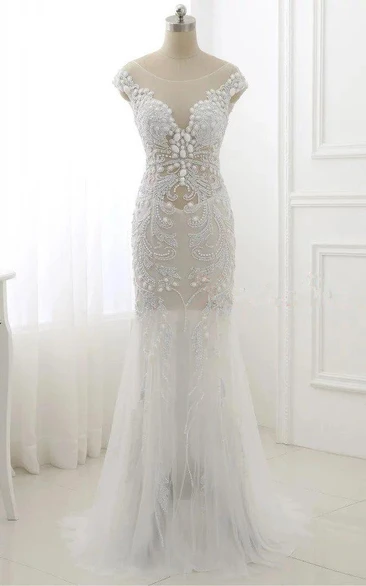 Tulle Cap Sleeve Prom Dress with Sequins and Beading