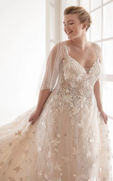 Luxury Plus Size Lace Wedding Dress with Illusion Tulle Sleeves and V-neck Chapel Train