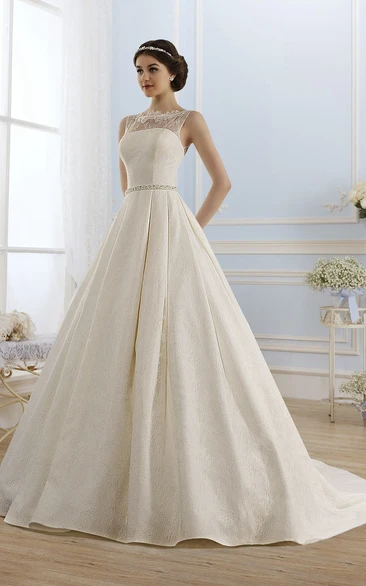 Ball Gown Lace Keyhole Wedding Dress with Jeweled Waistline