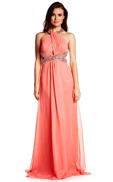 Beaded Chiffon Prom Dress with Brush Train Halter Sleeveless